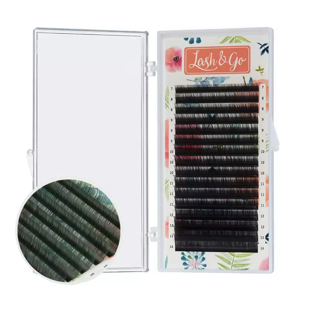 Ресницы цветные омбре Lash&Go, Чёрно-зелёные, Микс 16 линий