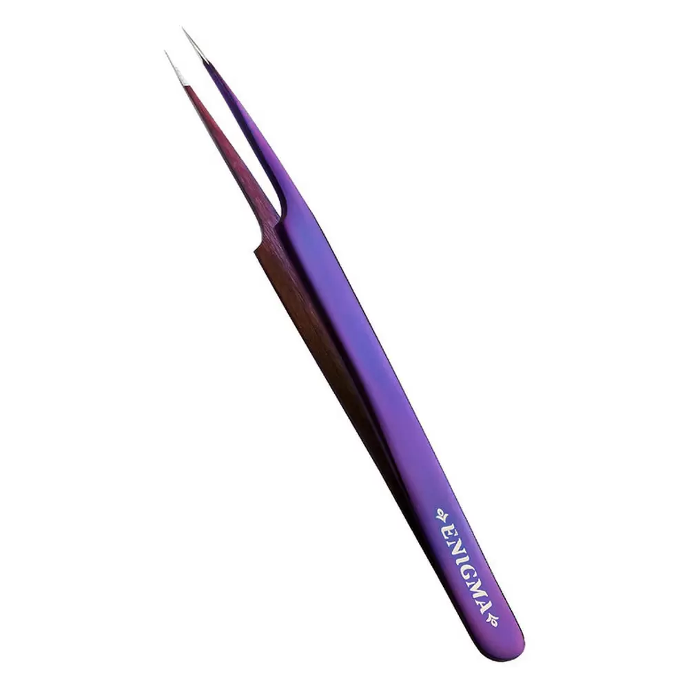 Пинцет Enigma с ручной заточкой extra-sharp, Прямой с изгибом, Purple metallic