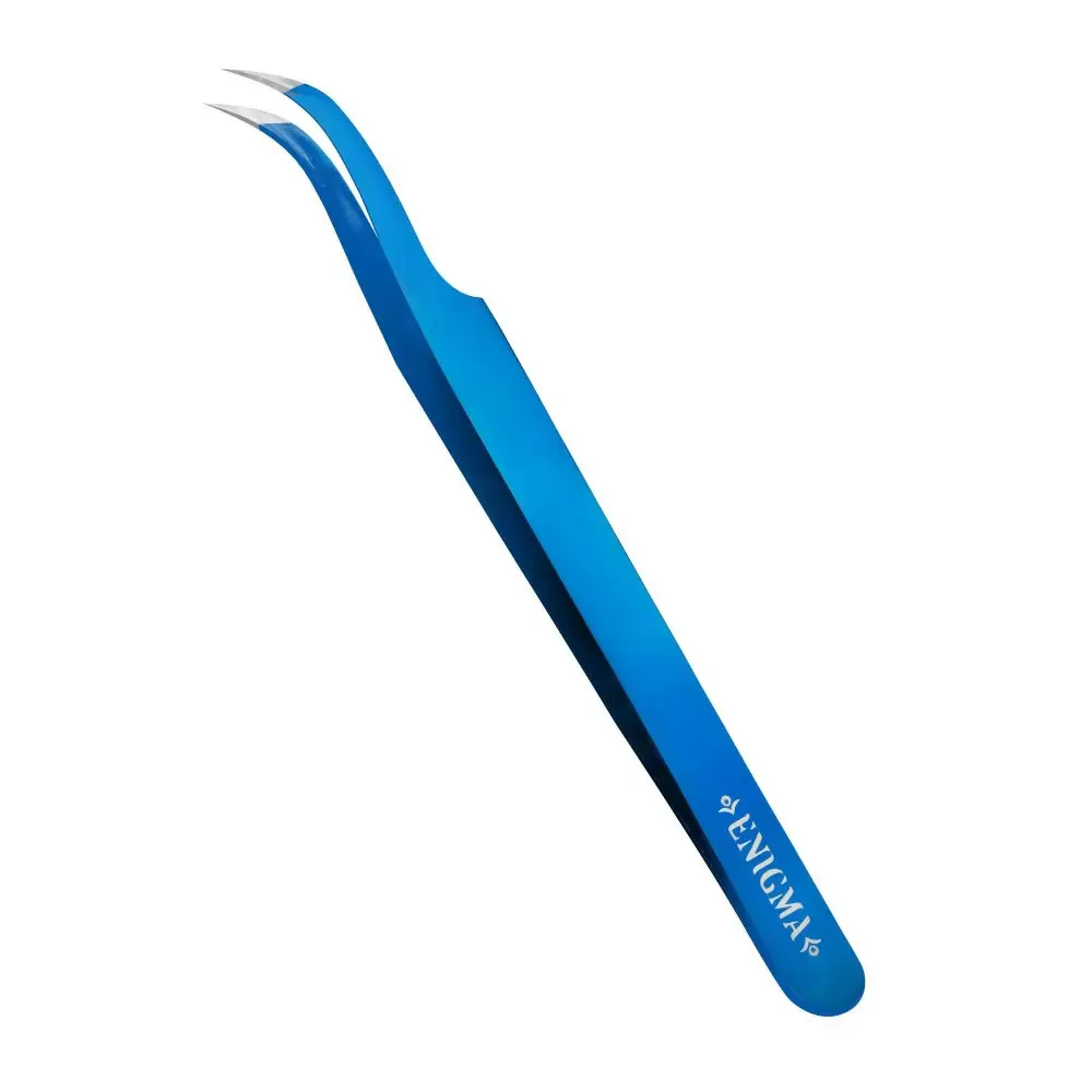 Пинцет Enigma с ручной заточкой extra-sharp, Изогнутый, 90 градусов, Blue metallic