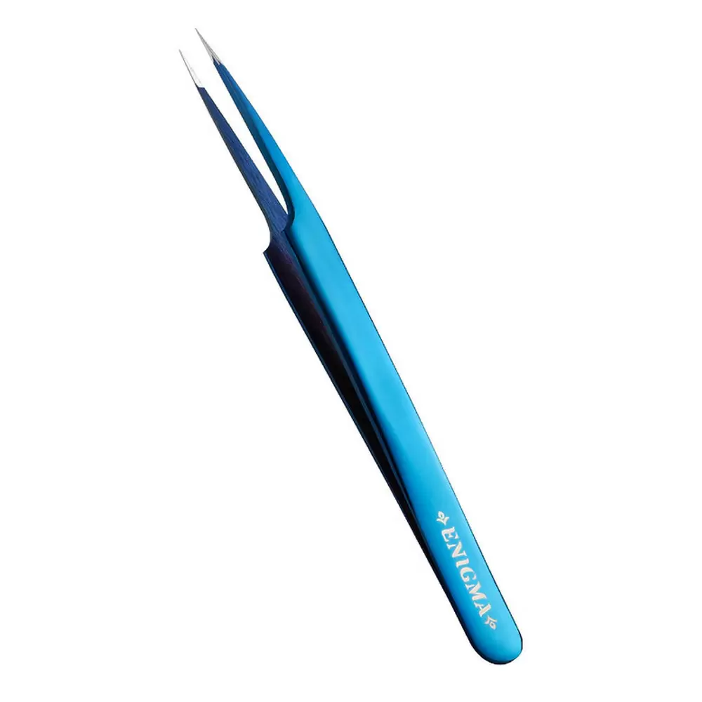 Пинцет Enigma с ручной заточкой extra-sharp, Прямой с изгибом, Blue metallic